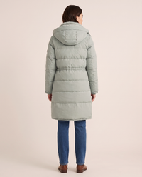 Women's Long Winter Coat with Faux Fur Lined Hood — studio back with drawcord waist