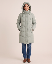 Women's Long Winter Coat with Faux Fur Lined Hood — zipped with hood up