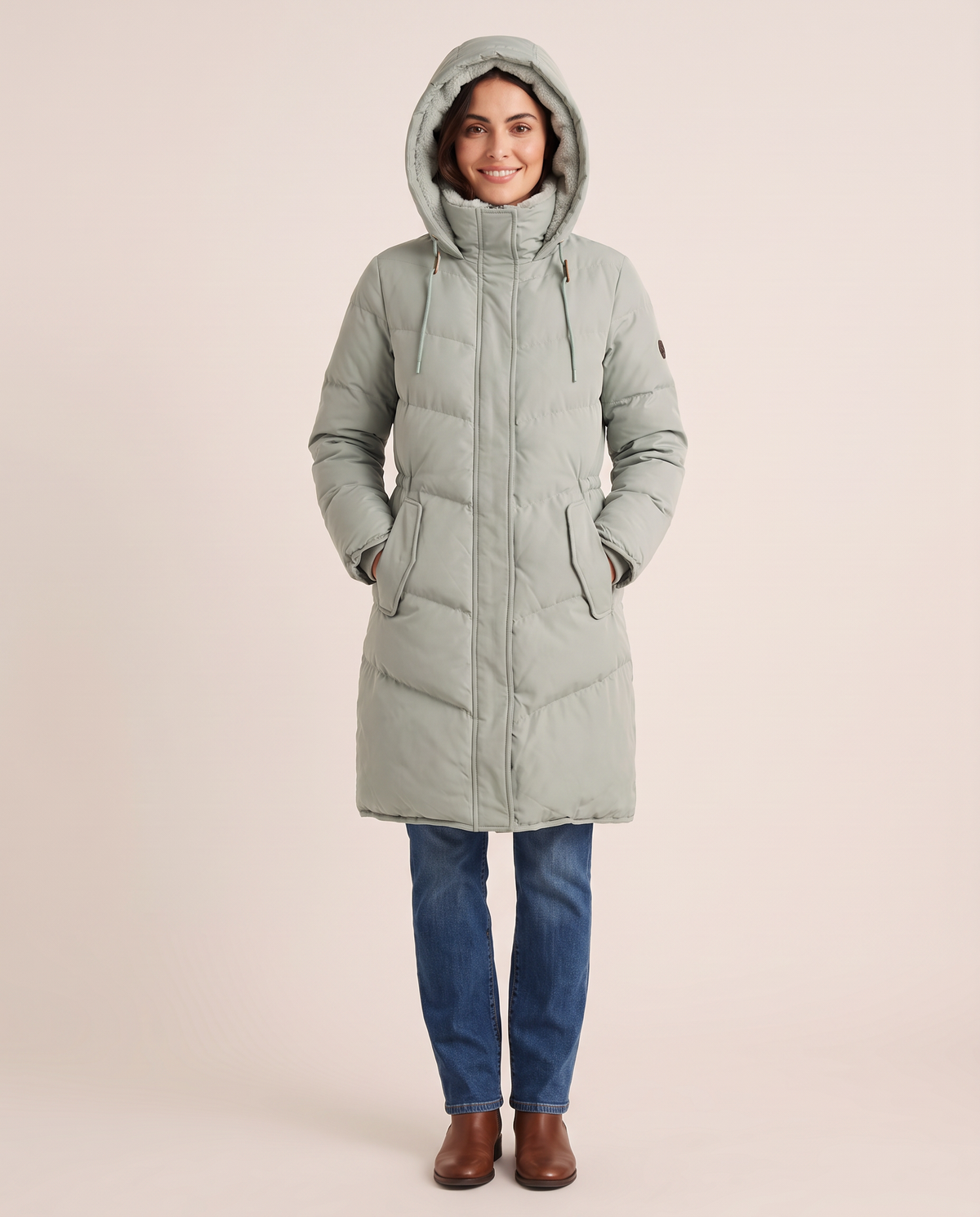 Women's Long Winter Coat with Faux Fur Lined Hood — zipped with hood up