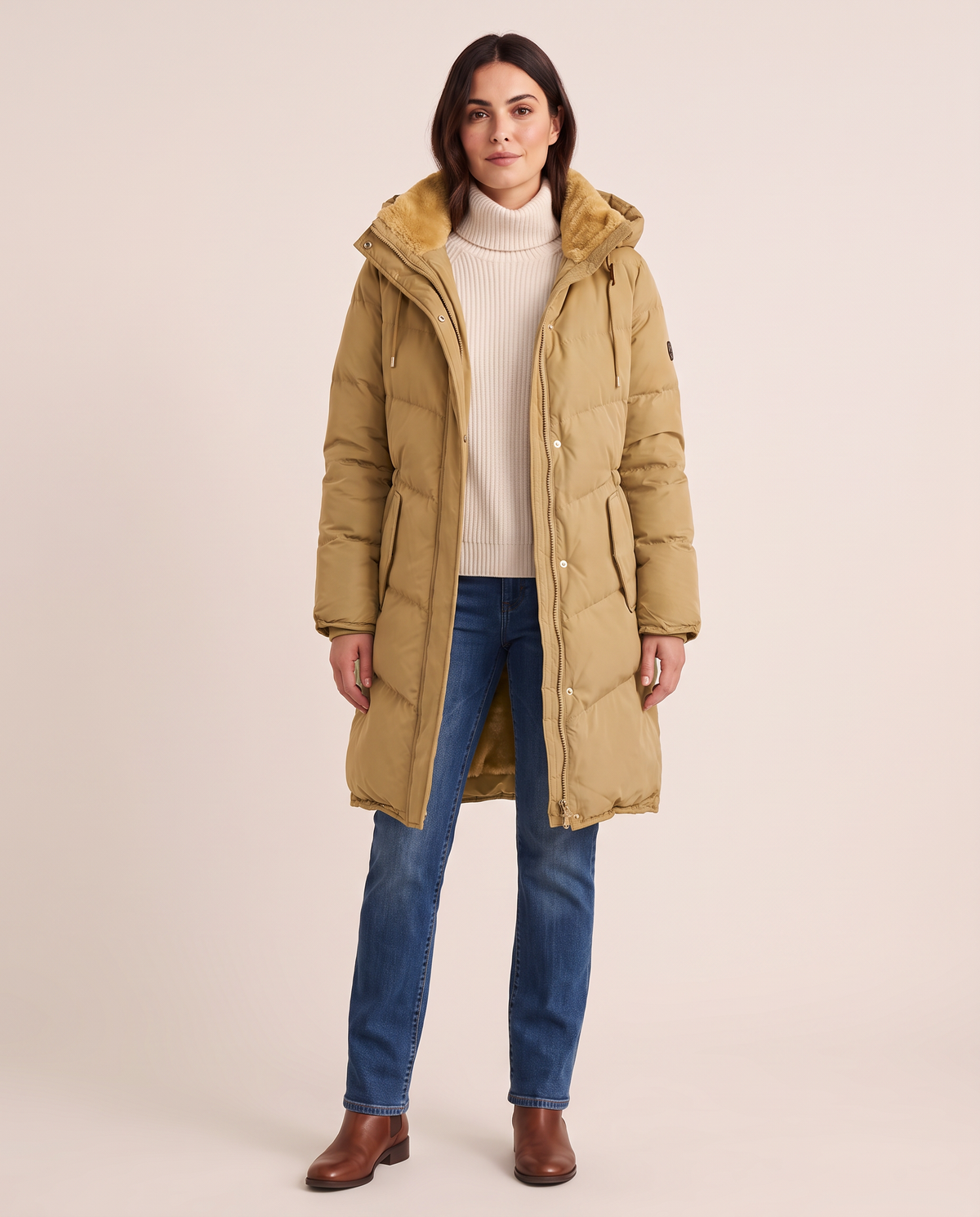 Women's Long Winter Coat with Faux Fur Lined Hood — yellow, studio front