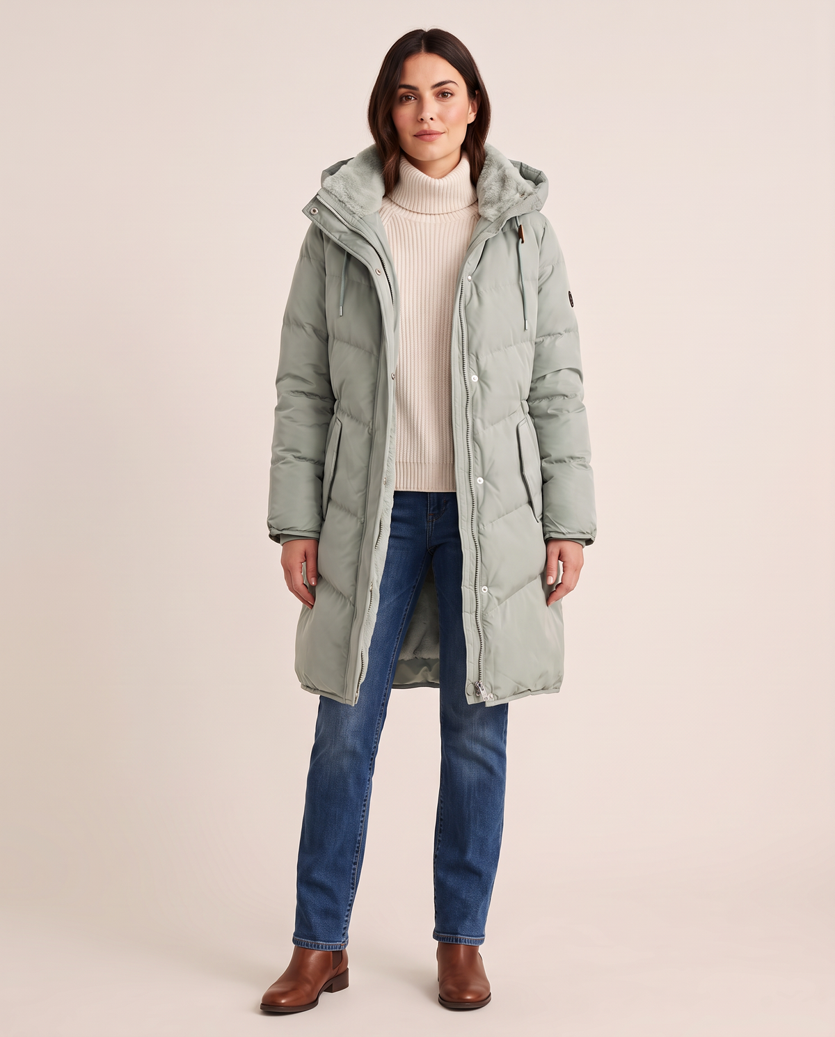 Women's Long Winter Coat with Faux Fur Lined Hood — green, studio front