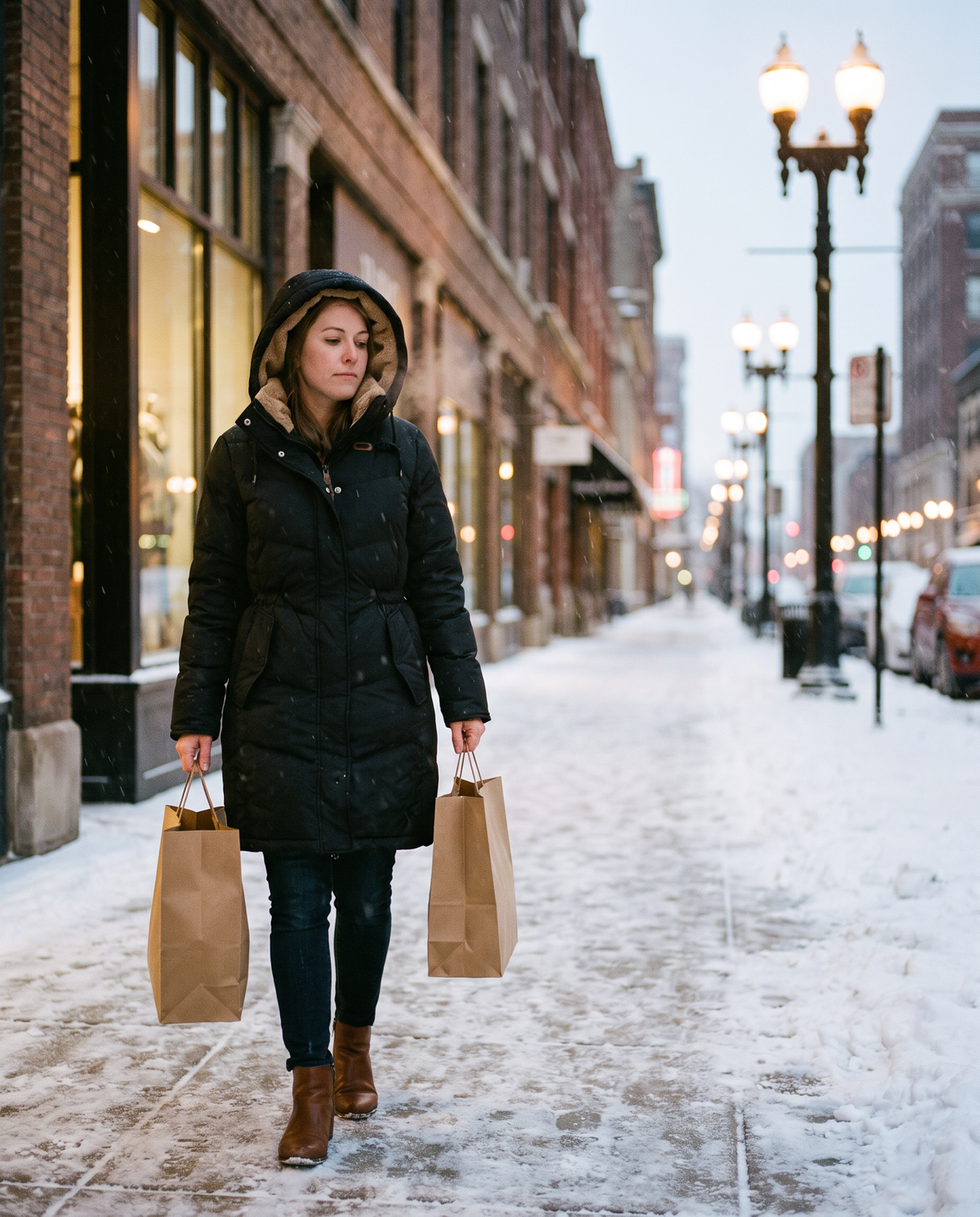 Women's Long Winter Coat with Faux Fur Lined Hood — black, worn on a snowy Chicago sidewalk at dusk