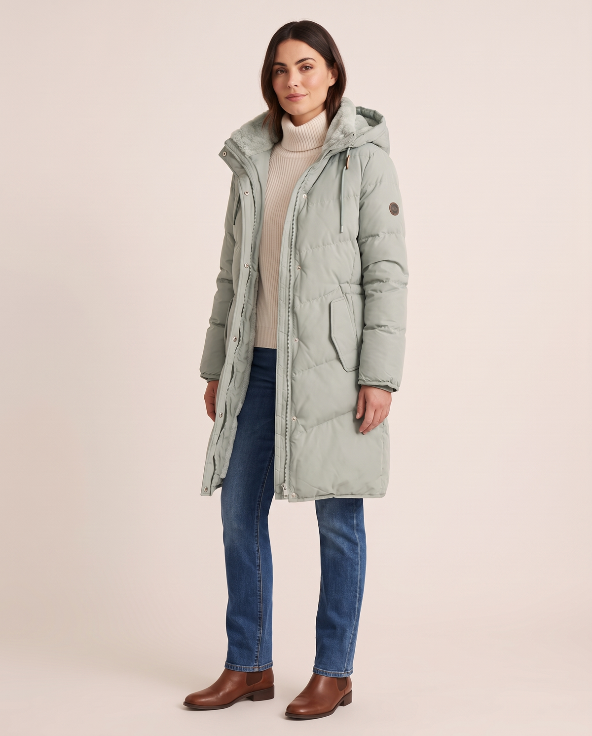 Women's Long Winter Coat with Faux Fur Lined Hood — three-quarter view