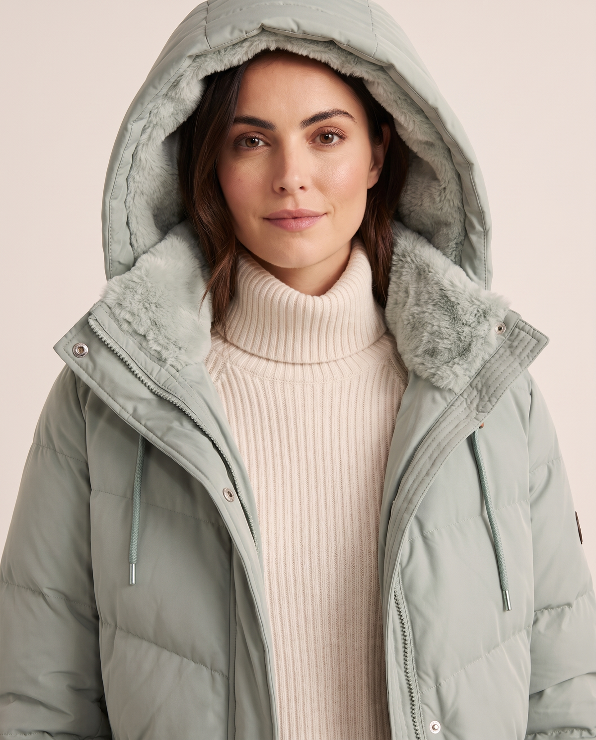 Women's Long Winter Coat with Faux Fur Lined Hood — faux fur hood and snap placket detail