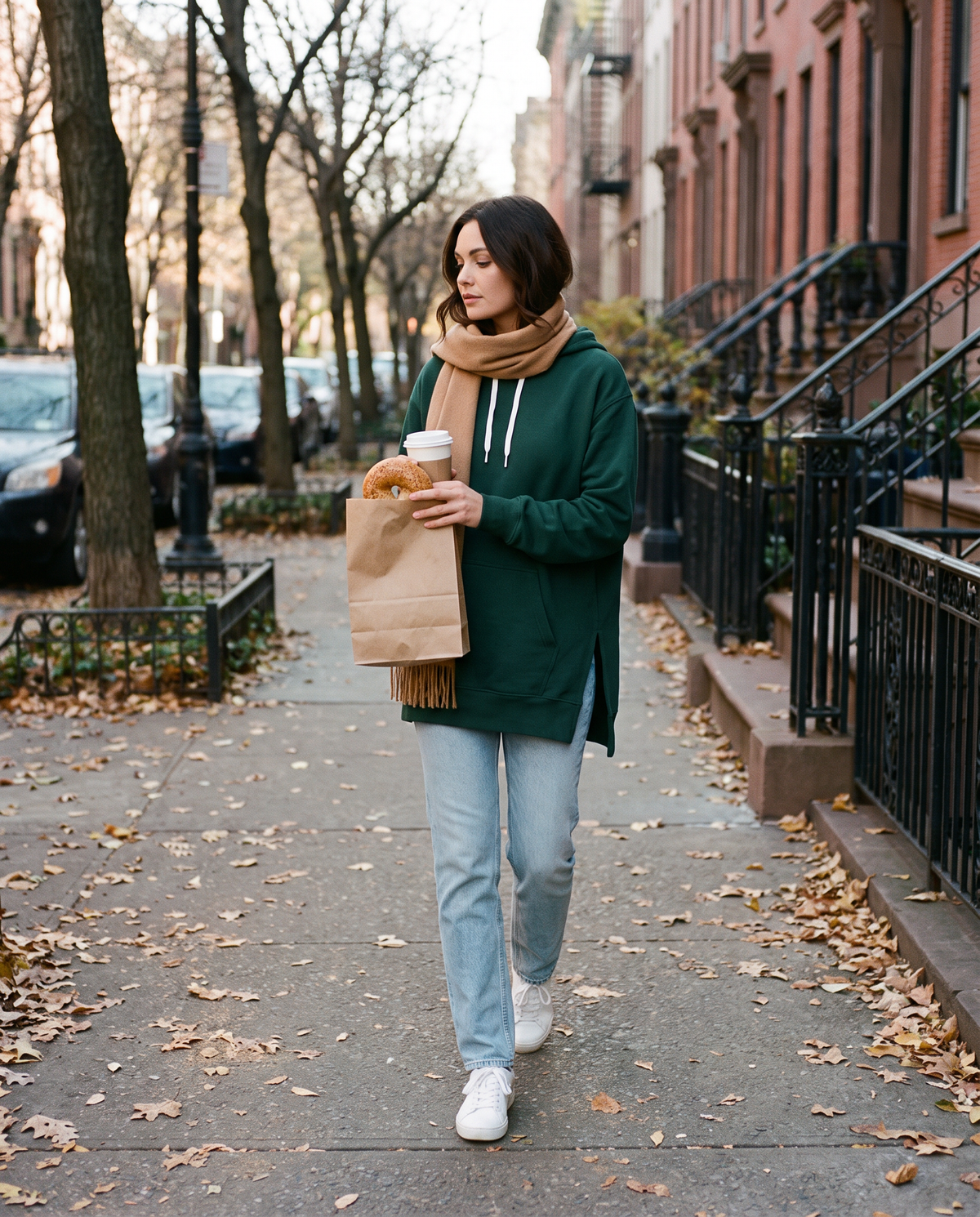 Oversized Hoodie Dress — green, worn on a New York street on a fall morning
