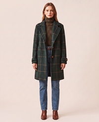 Women's Plaid Wool Blend Coat, Check Overcoat — studio front, forest green