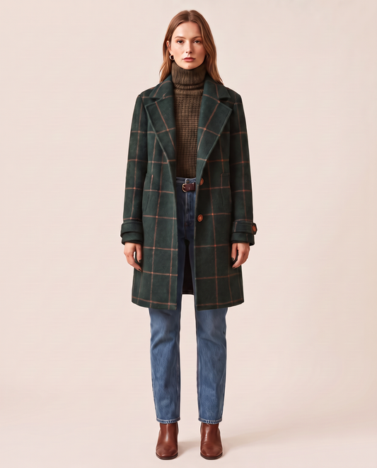 Women's Plaid Wool Blend Coat, Check Overcoat — studio front, forest green
