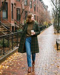 Women's Plaid Wool Blend Coat, Check Overcoat — worn on a Boston brownstone street in autumn