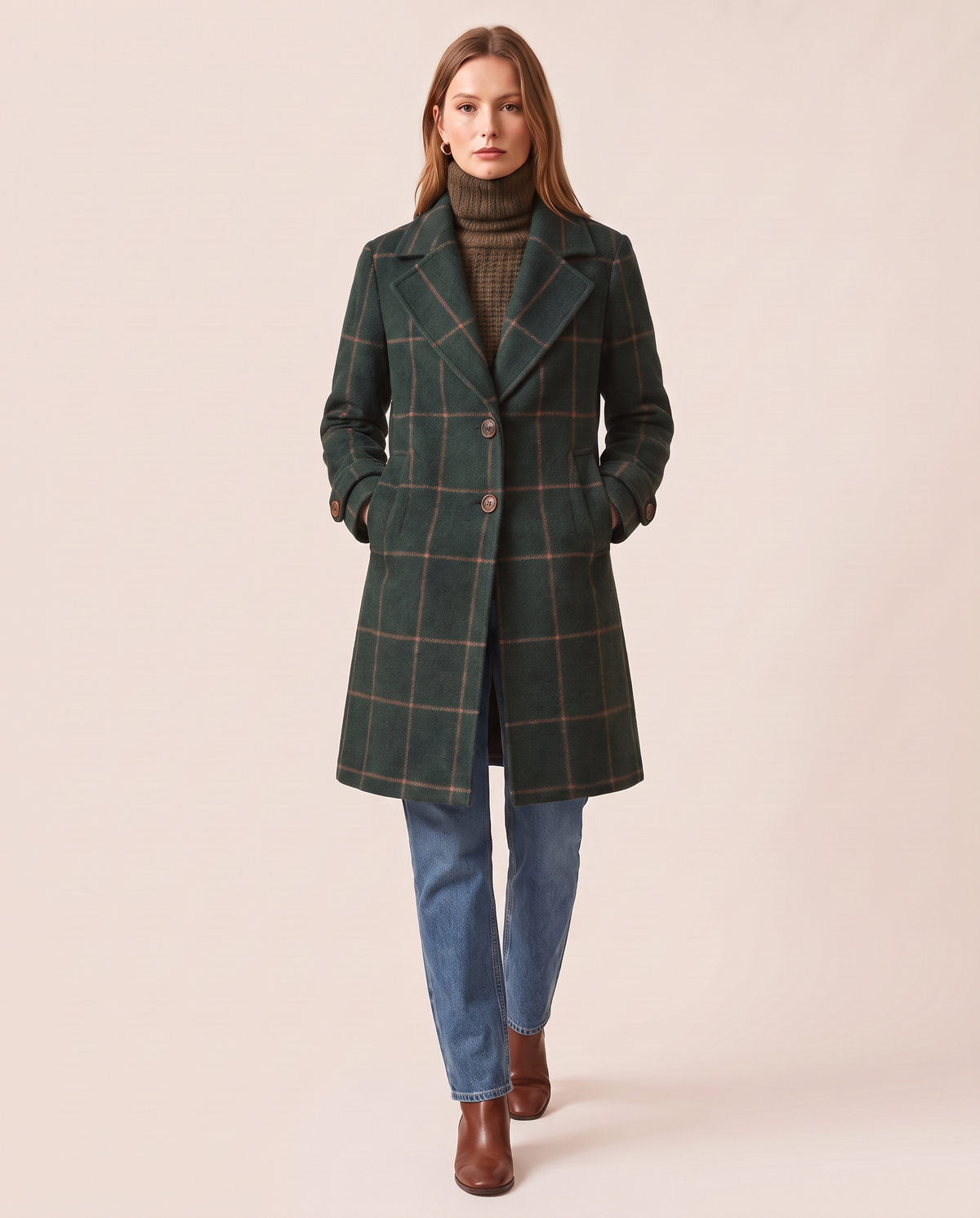 Women's Plaid Wool Blend Coat, Check Overcoat — buttoned, walking