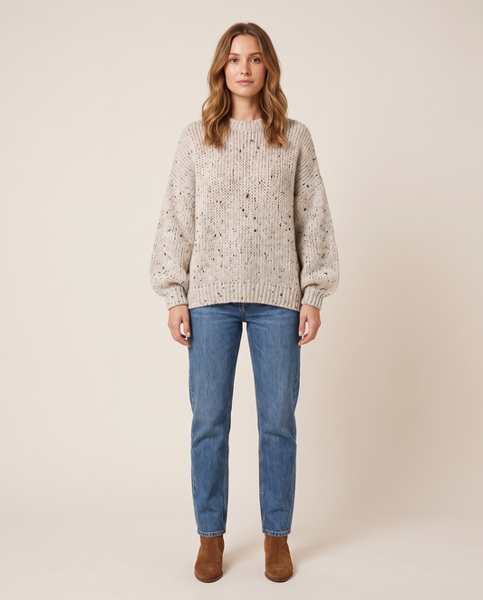 Chunky Knit Crew Neck Sweater — beige, studio front