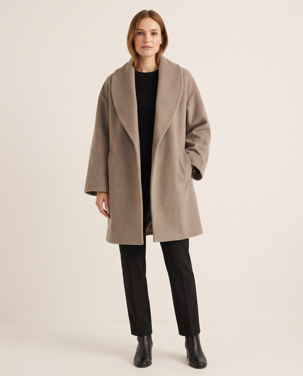 Women's Oversized Wool-Look Cocoon Coat — studio front