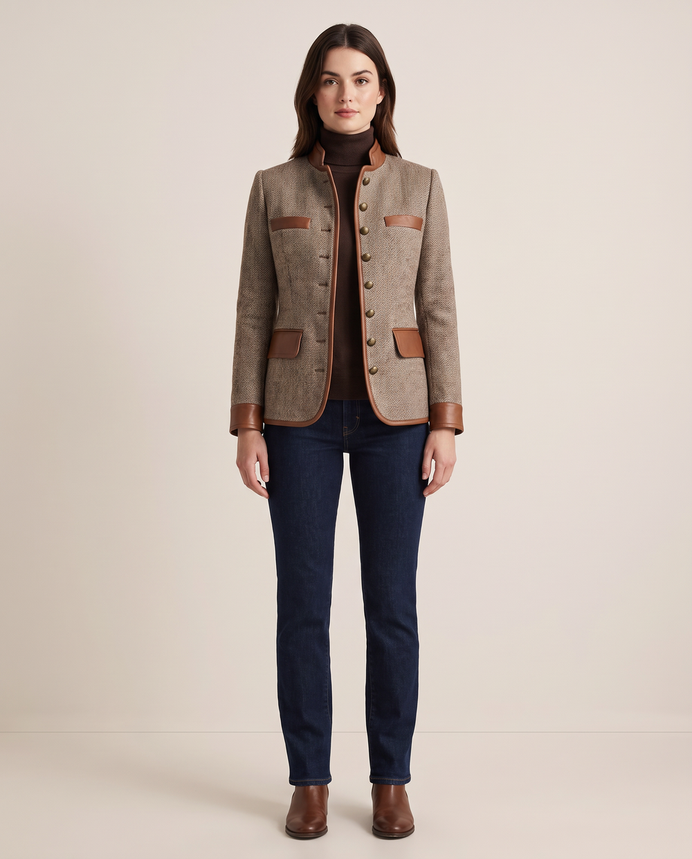 Women's Tweed Jacket with Stand Collar, Faux Leather Trim — brown, studio front