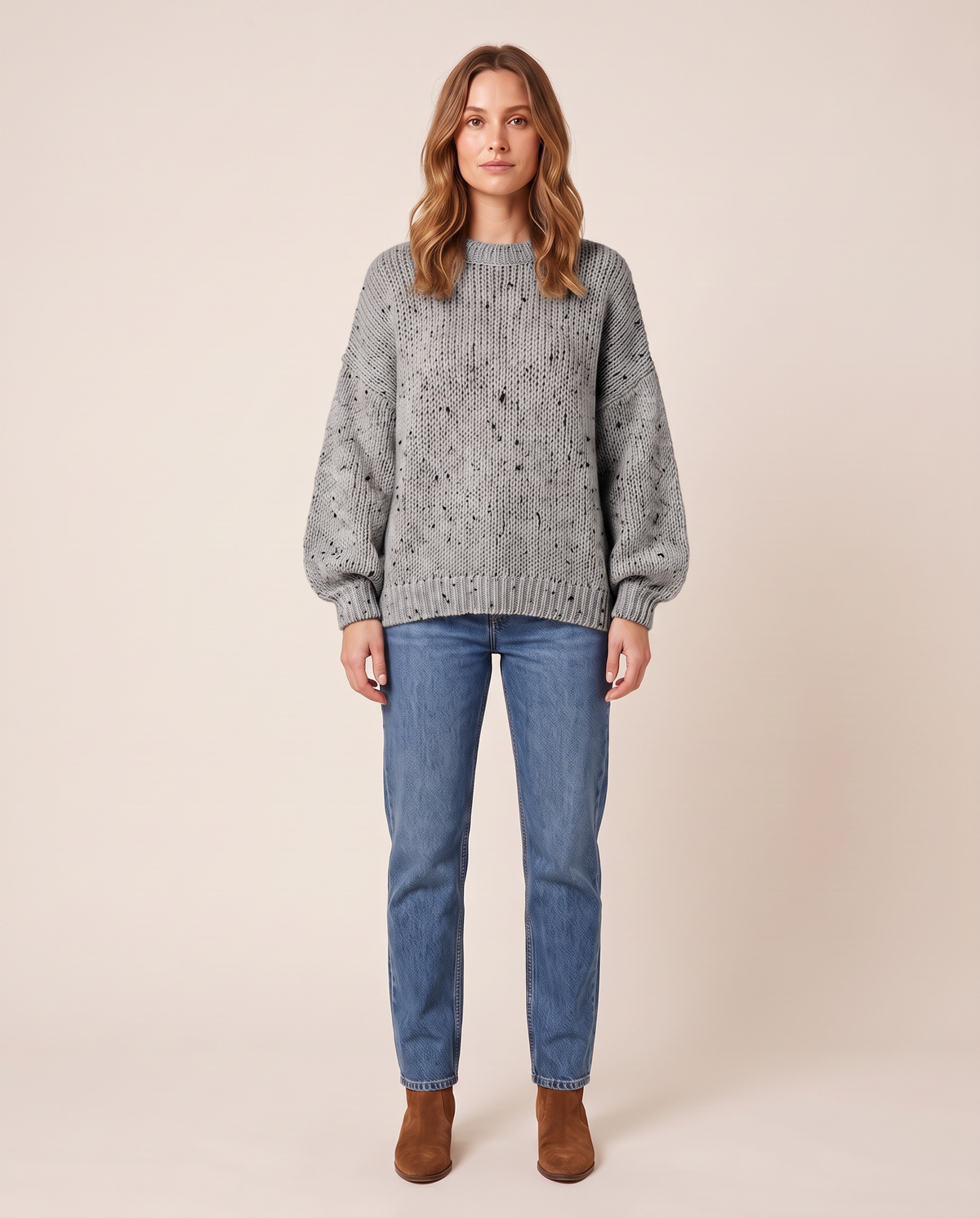 Chunky Knit Crew Neck Sweater — gray, studio front