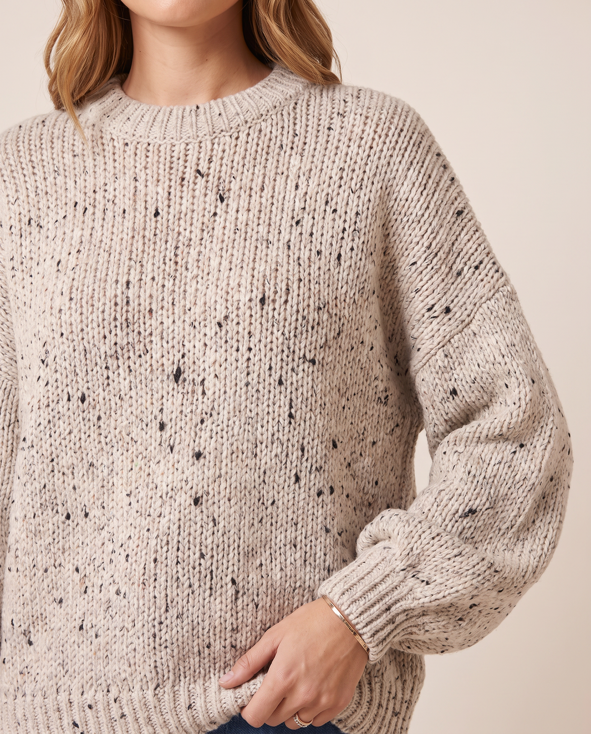 Chunky Knit Crew Neck Sweater — speckled knit, neckline and ribbed cuff detail