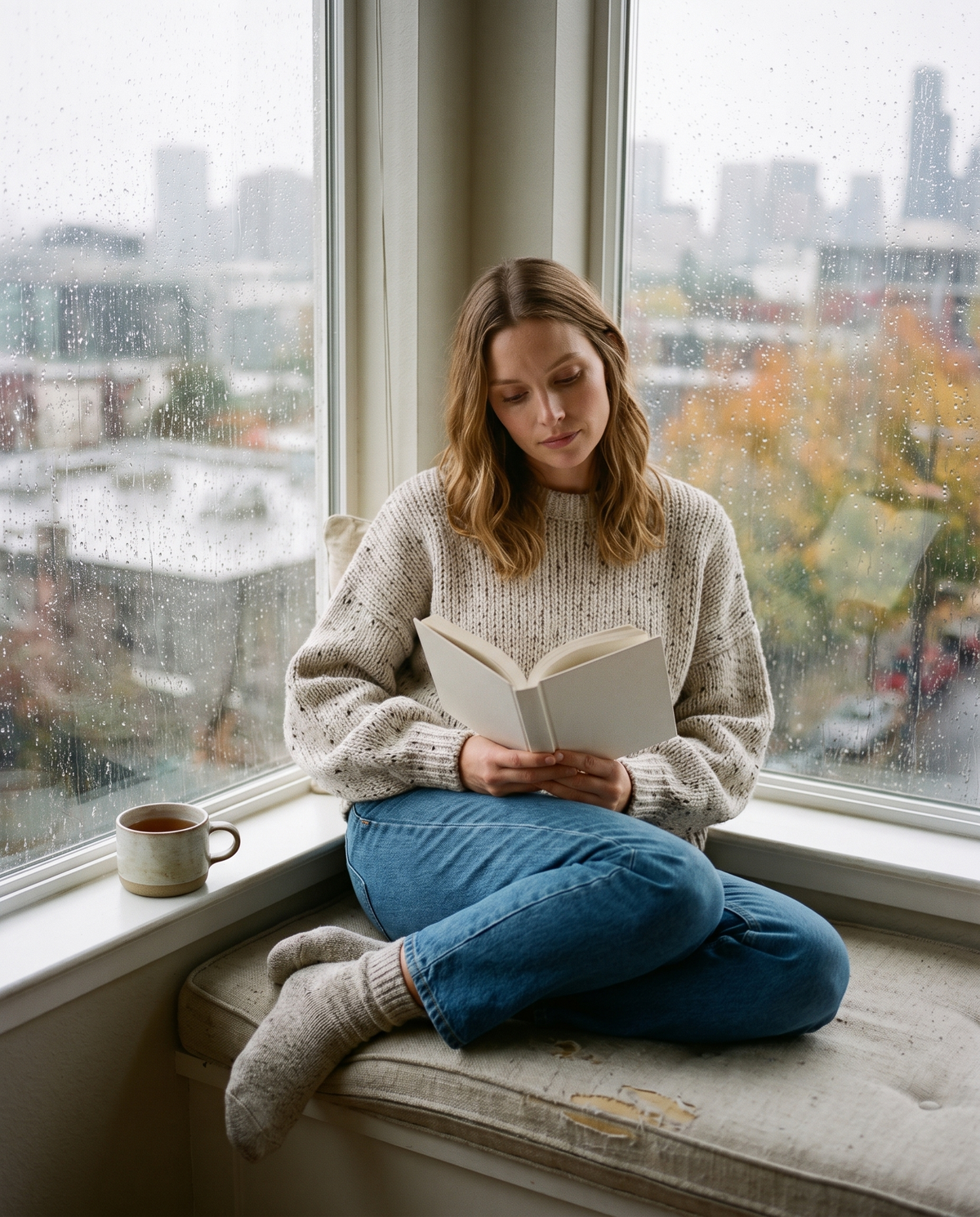 Chunky Knit Crew Neck Sweater — reading on a window seat on a rainy Seattle day