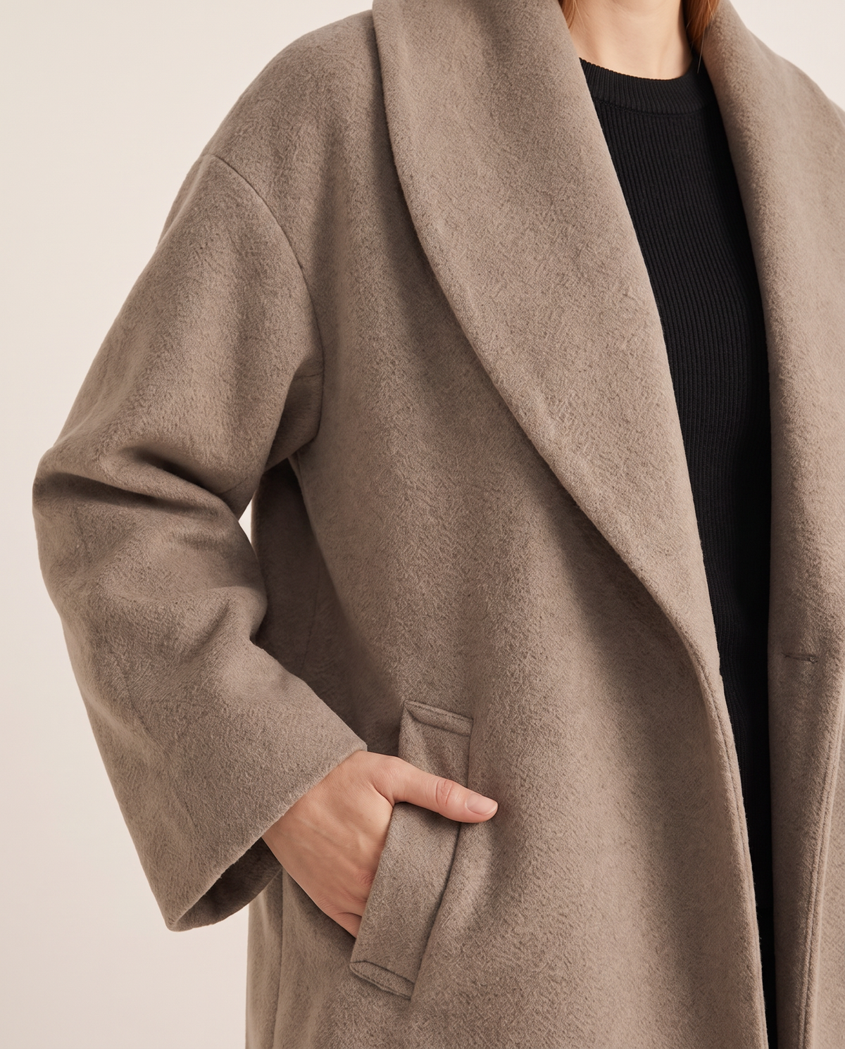Women's Oversized Wool-Look Cocoon Coat — shawl collar, pocket and texture detail