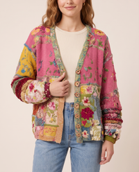 Floral Embroidered Patchwork Cardigan — V-neck and sleeve patchwork, worn