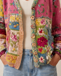 Floral Embroidered Patchwork Cardigan — embroidery, patchwork and button band detail