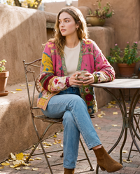 Floral Embroidered Patchwork Cardigan — worn on a Santa Fe café terrace in autumn