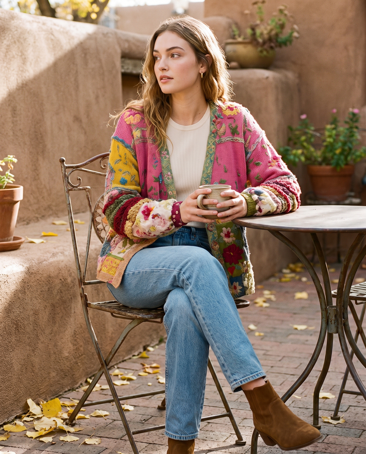 Floral Embroidered Patchwork Cardigan — worn on a Santa Fe café terrace in autumn