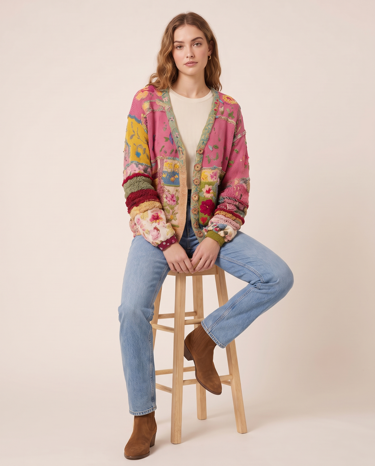 Floral Embroidered Patchwork Cardigan — worn seated