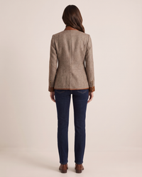 Women's Tweed Jacket with Stand Collar, Faux Leather Trim — studio back