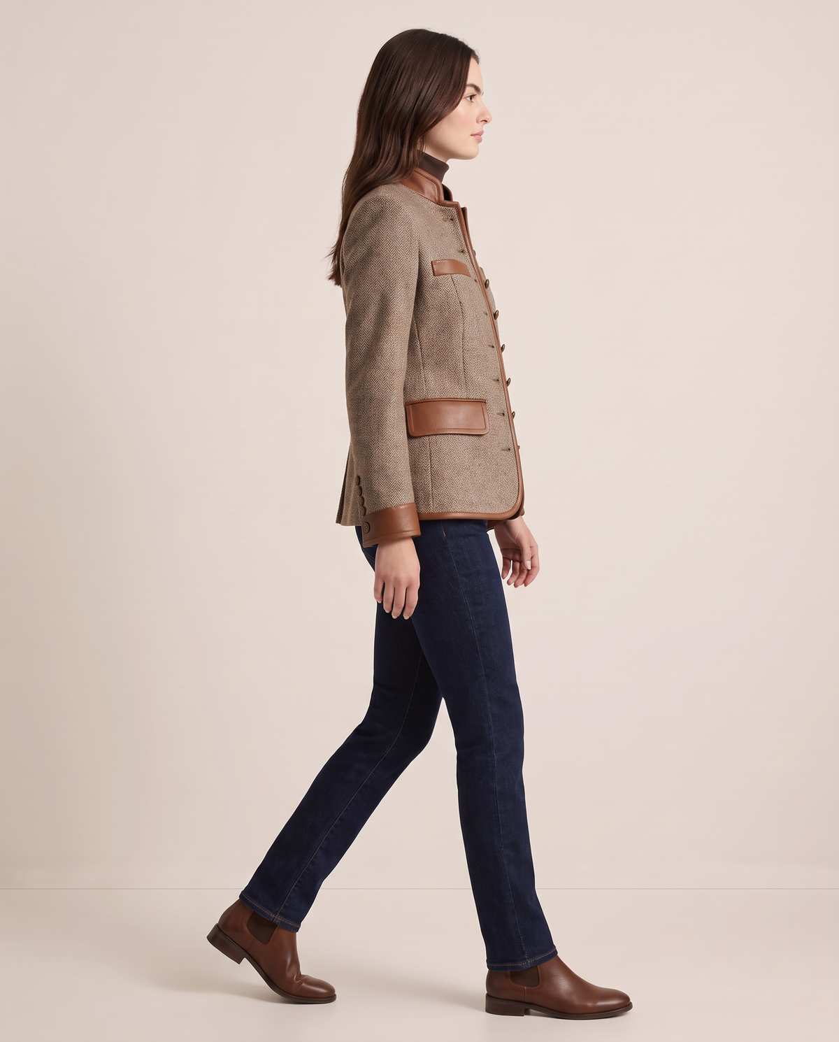 Women's Tweed Jacket with Stand Collar, Faux Leather Trim — side profile