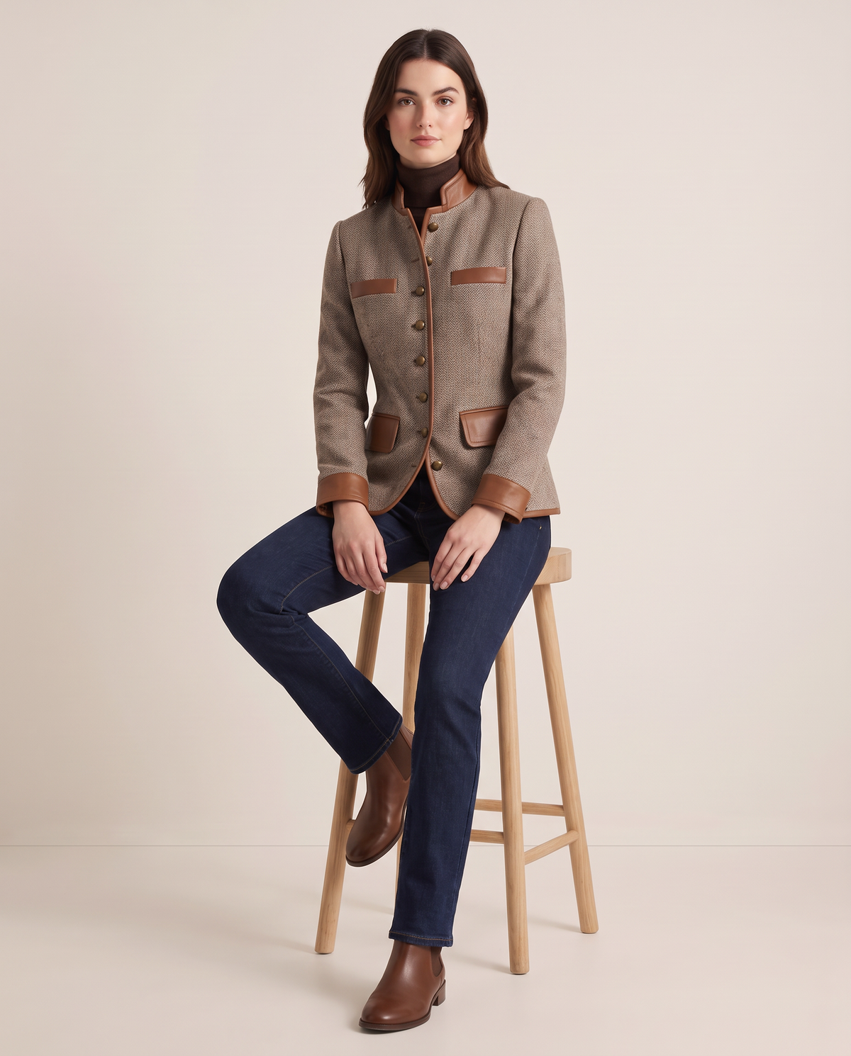 Women's Tweed Jacket with Stand Collar, Faux Leather Trim — worn seated