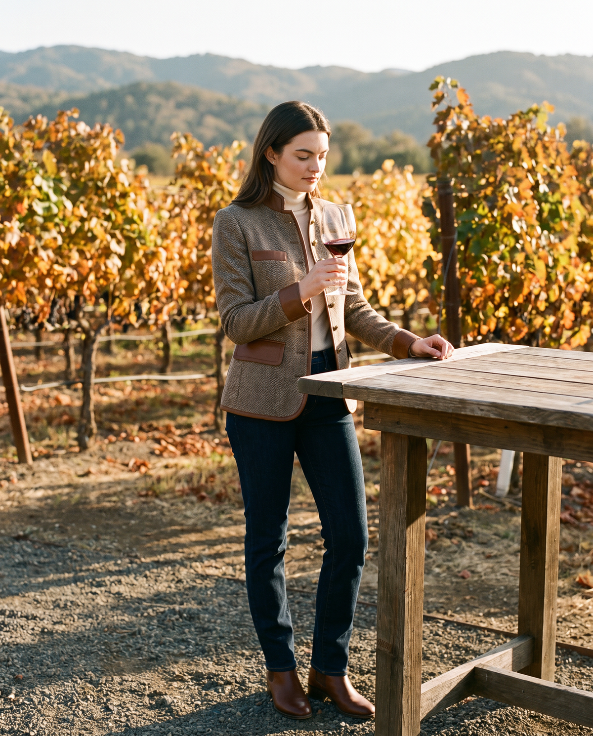 Women's Tweed Jacket with Stand Collar, Faux Leather Trim — worn at a Napa Valley wine tasting in October