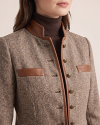 Women's Tweed Jacket with Stand Collar, Faux Leather Trim — herringbone tweed, collar and button detail