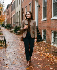 Women's Tweed Jacket with Stand Collar, Faux Leather Trim — worn on a Georgetown, DC street in autumn