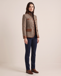 Women's Tweed Jacket with Stand Collar, Faux Leather Trim — three-quarter view