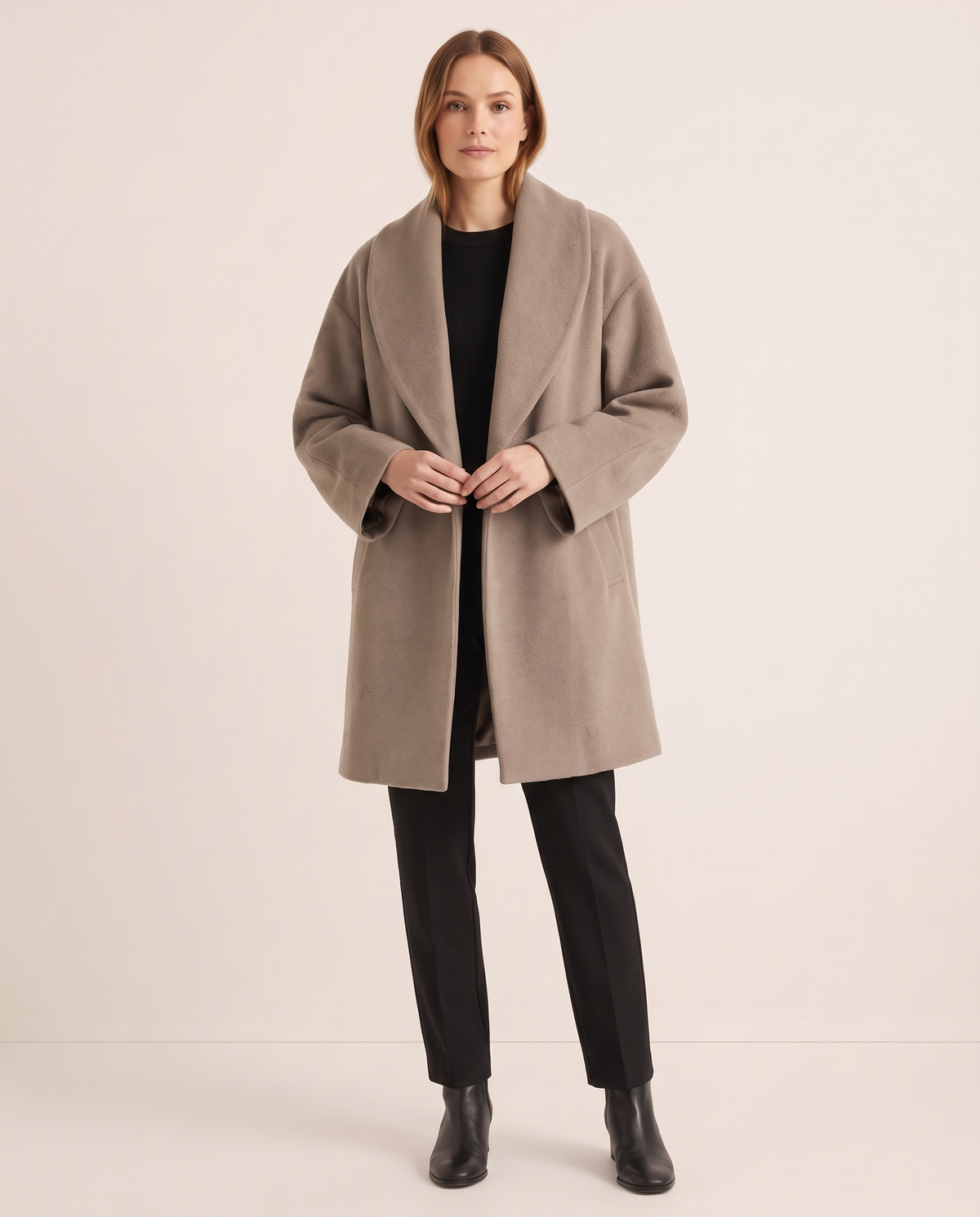 Women's Oversized Wool-Look Cocoon Coat — khaki, studio front