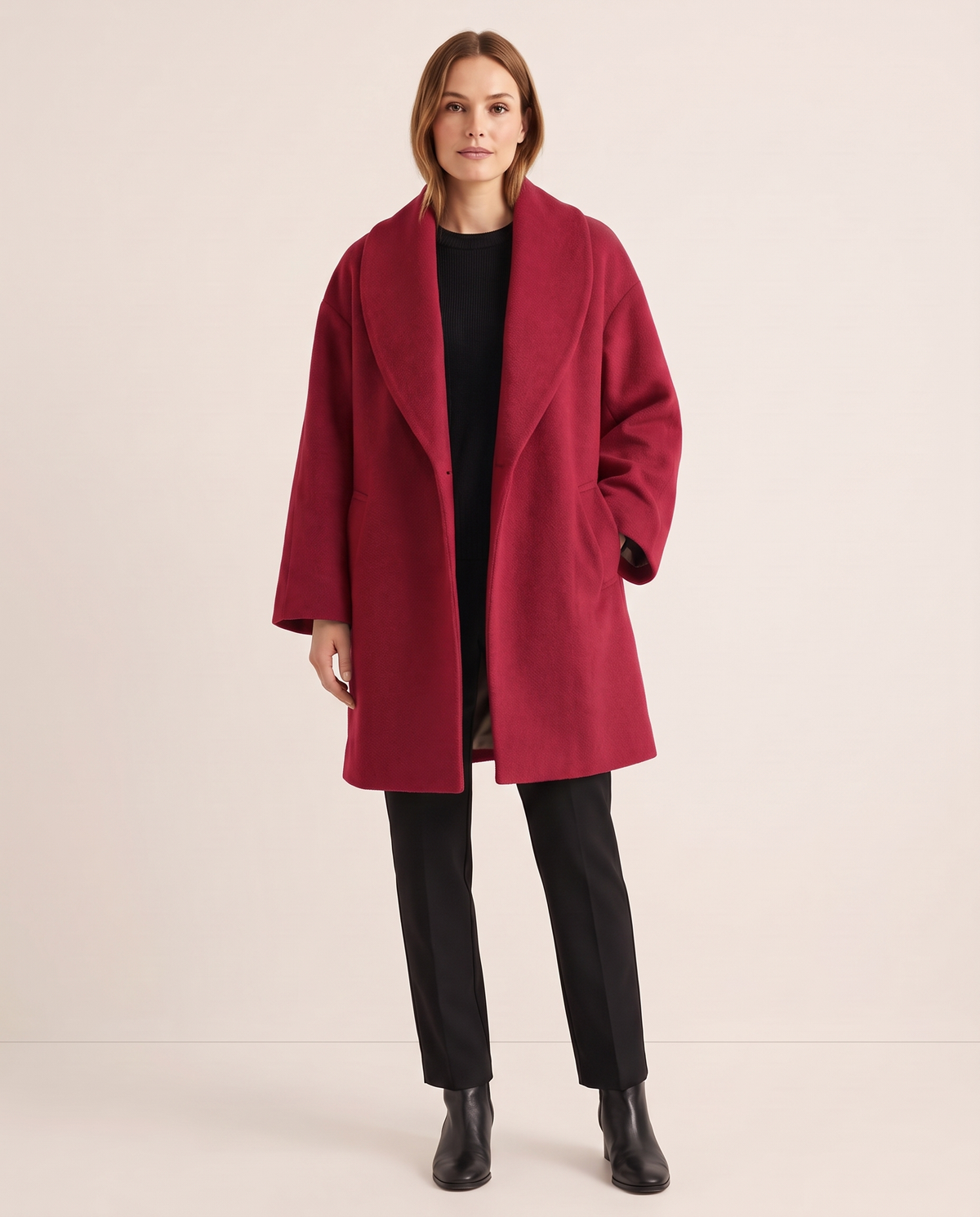 Women's Oversized Wool-Look Cocoon Coat — red, studio front