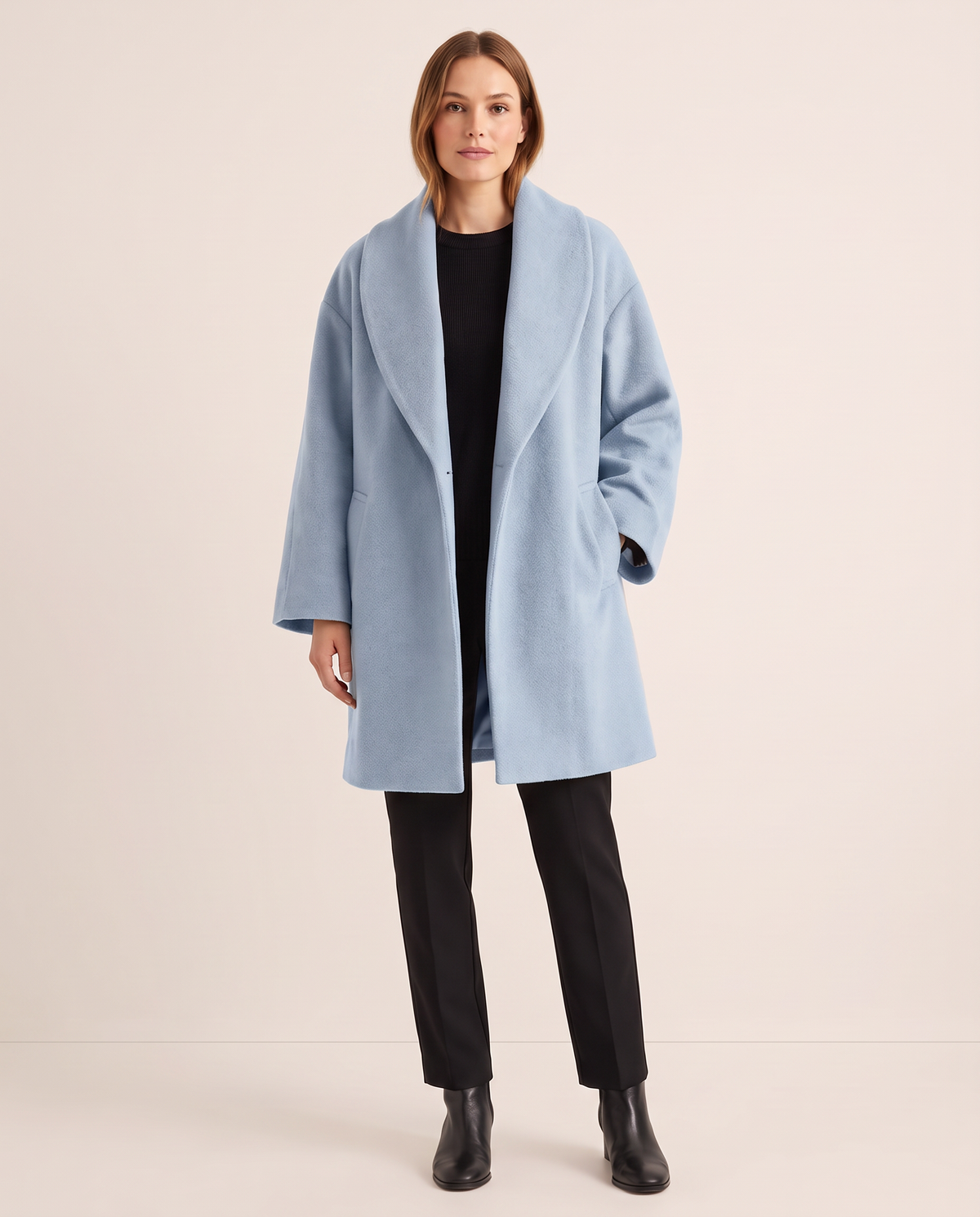 Women's Oversized Wool-Look Cocoon Coat — blue, studio front
