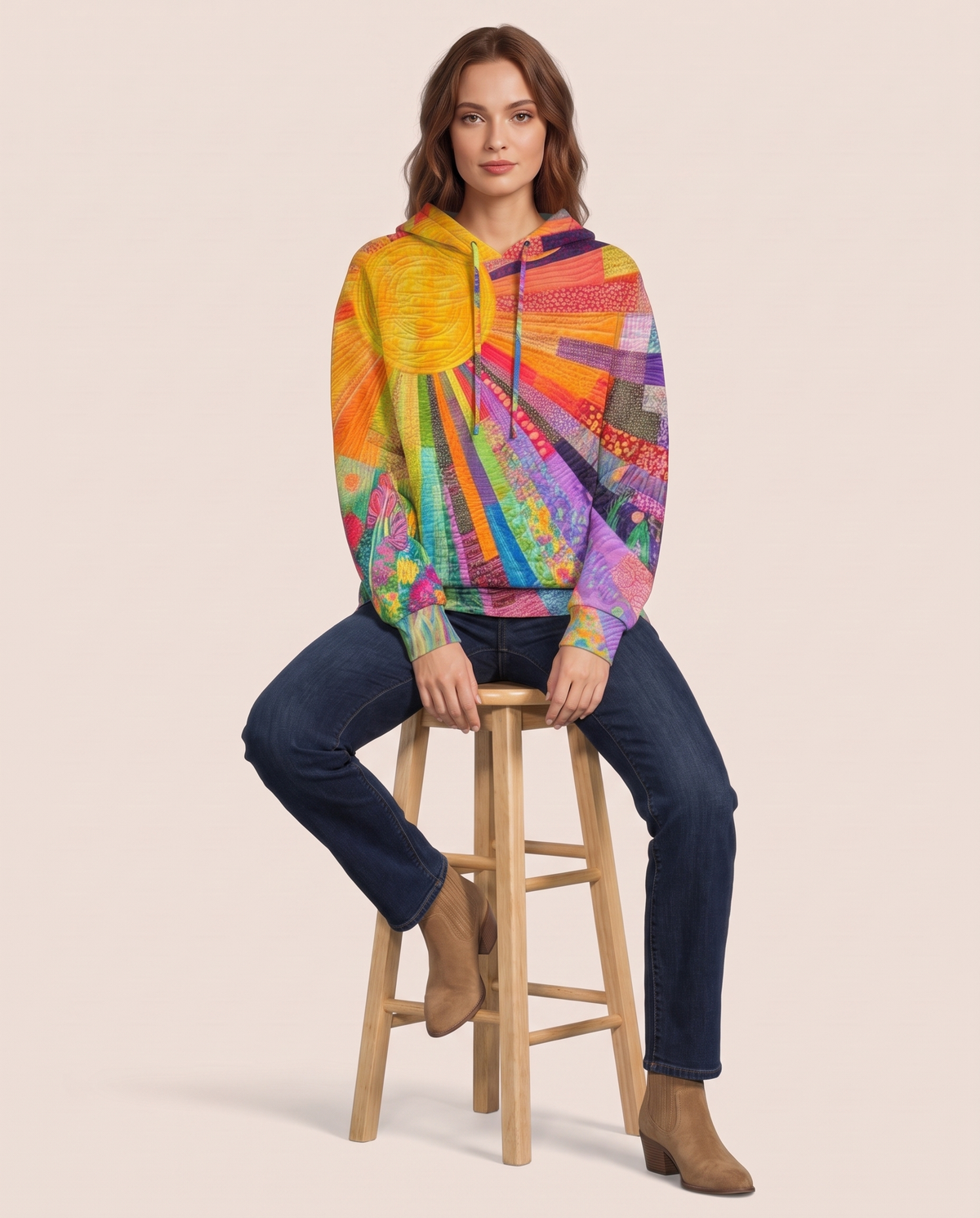 Women's Patchwork Hoodie — worn seated