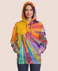 Women's Patchwork Hoodie — hood up, worn