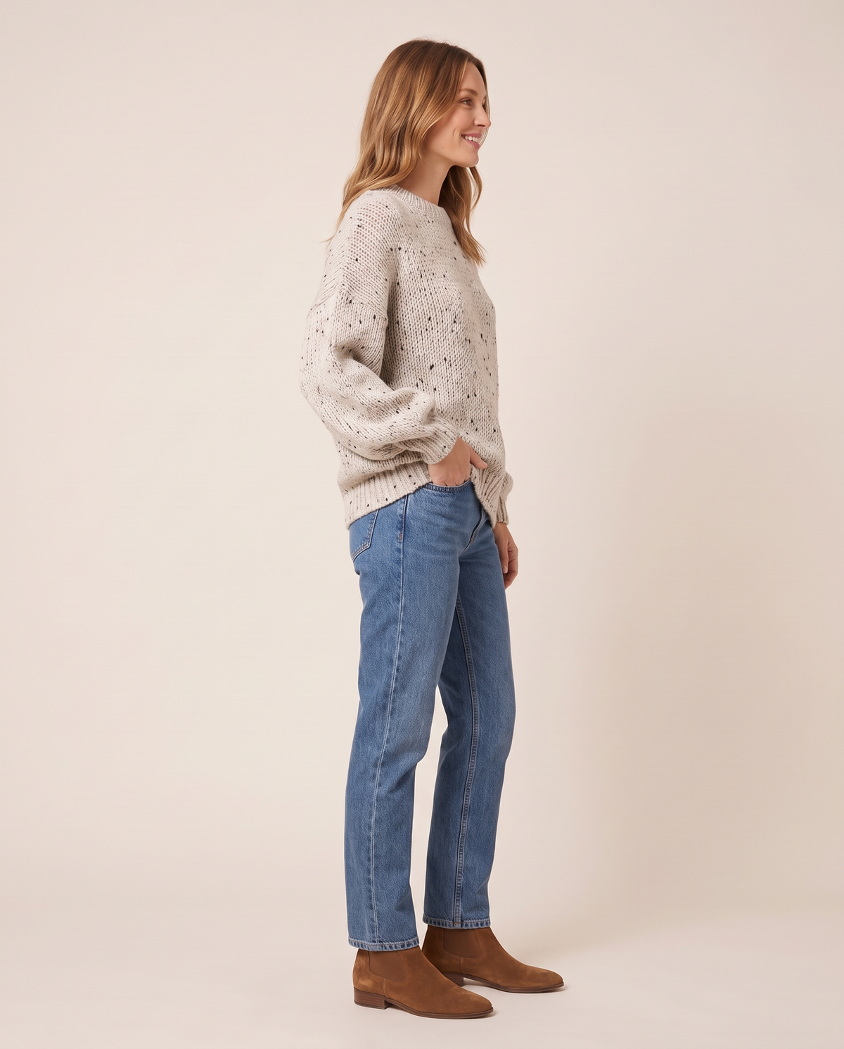Chunky Knit Crew Neck Sweater — side profile, balloon sleeves