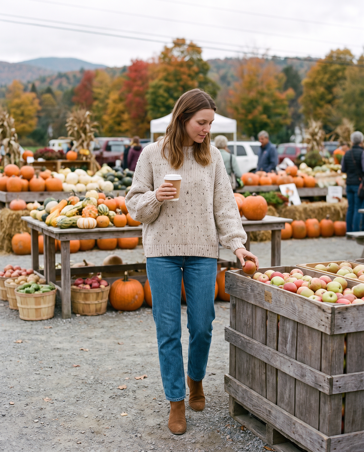 Chunky Knit Crew Neck Sweater — worn at a Vermont farmers market in autumn