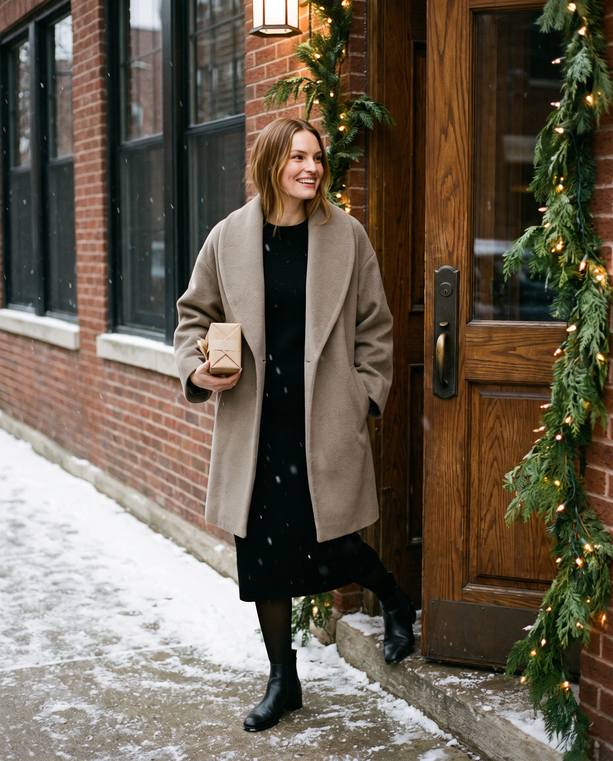 Women's Oversized Wool-Look Cocoon Coat — arriving at a holiday dinner in Chicago