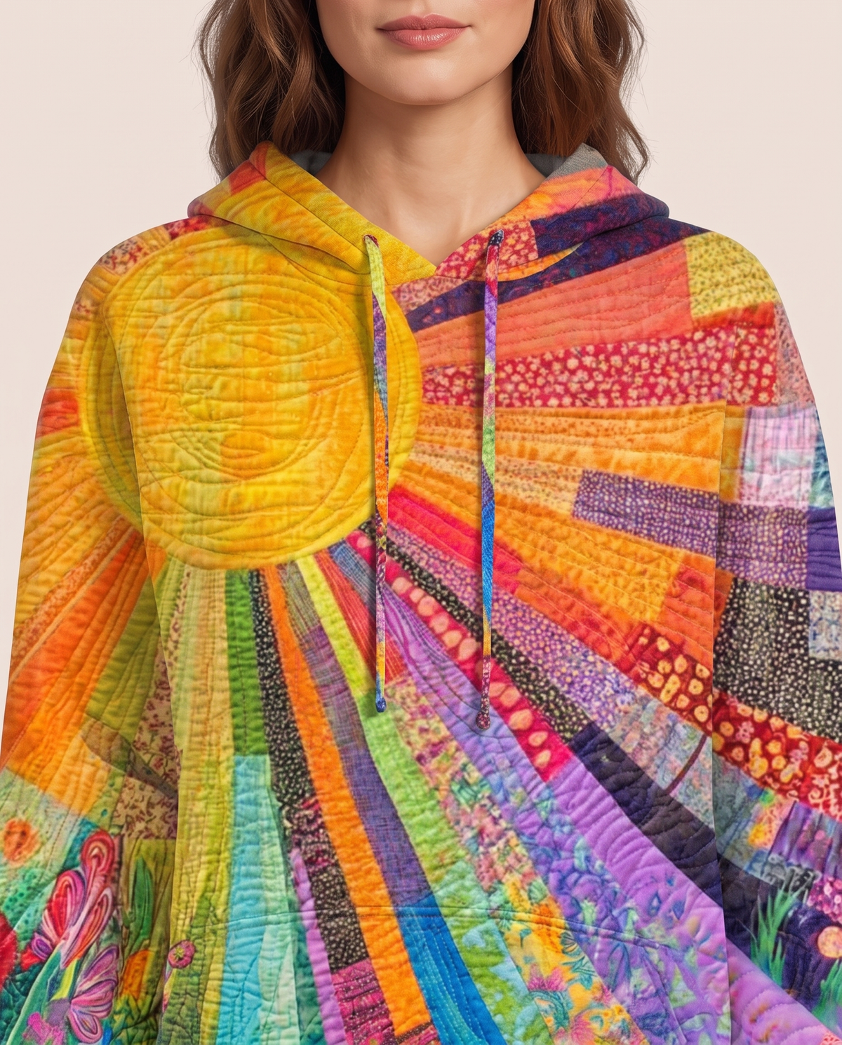 Women's Patchwork Hoodie — sunburst patchwork, hood and drawstring detail
