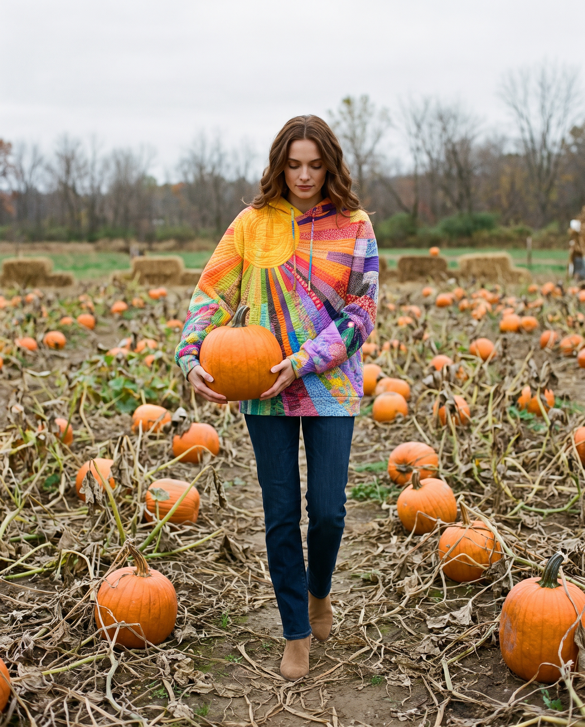 Women's Patchwork Hoodie — worn at a pumpkin patch in autumn