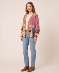 Floral Embroidered Patchwork Cardigan — three-quarter view