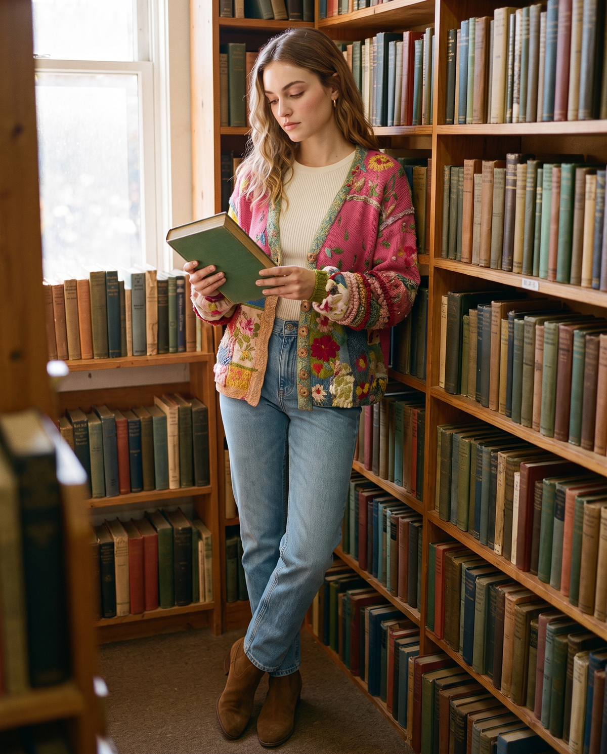 Floral Embroidered Patchwork Cardigan — worn browsing a used bookshop in Asheville in autumn