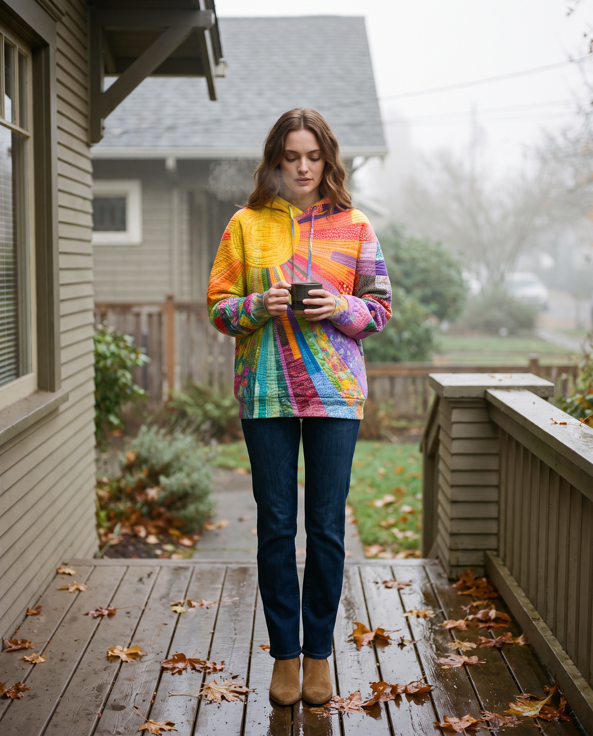 Women's Patchwork Hoodie — morning coffee on a porch in Oregon
