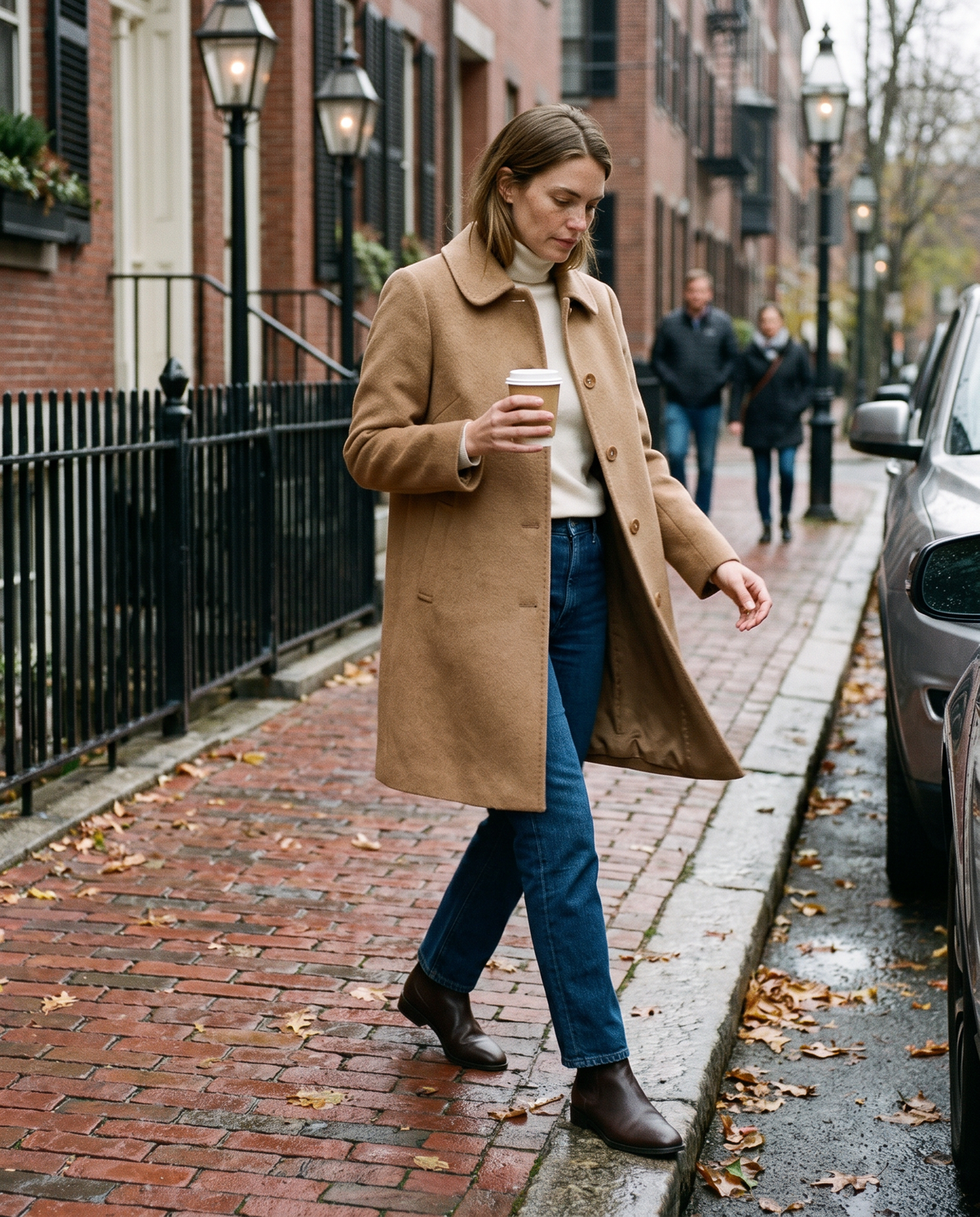 Wool Polo-Collar Coat for Women — walking with a coffee on a Boston brick sidewalk in November