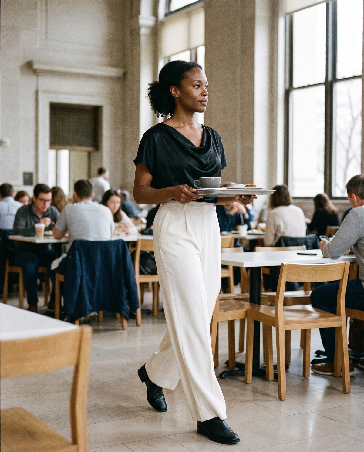Uinta Elegant Draped Cowl Neck Top — at a museum cafe in Chicago