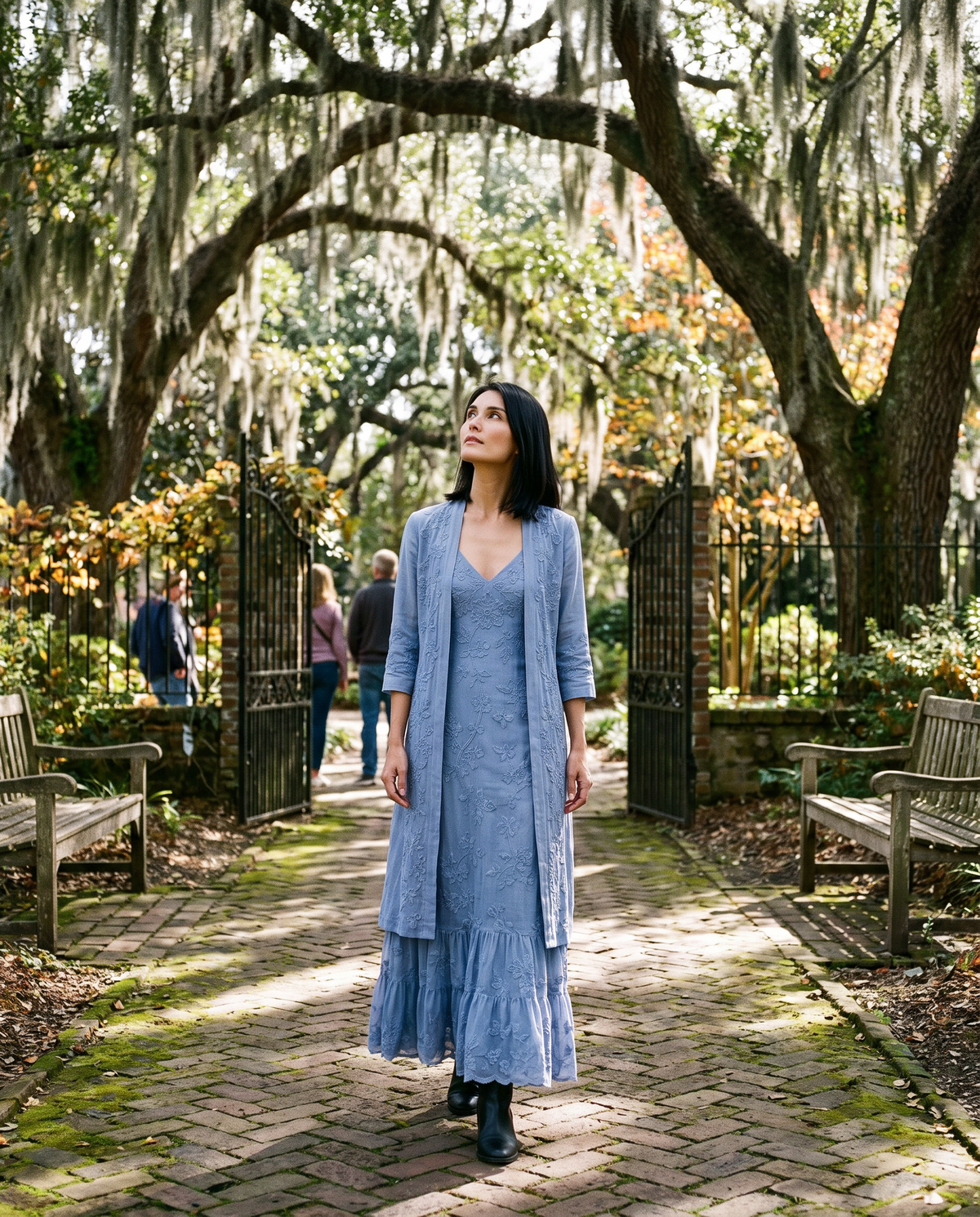 Avignon Elegant Embroidered Maxi Dress and Jacket Set — in a Charleston garden courtyard