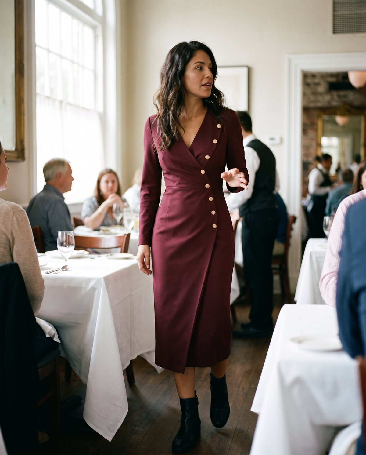 Stockholm Tailored Wrap-Front Buttoned Midi Dress — arriving for lunch at a Charleston restaurant