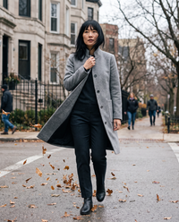 Stand-Collar Wool-Blend Coat with Pockets — walking on a windy Chicago street in late autumn